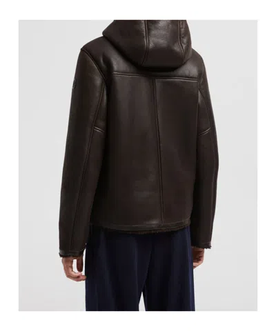 Moncler Charnassere Nappa Leather Shearling Short Down Jacket Brown In Dark Brown