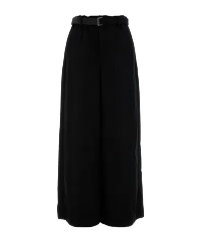 Sacai Wide-leg Wool Trousers With Belted Waist In Black