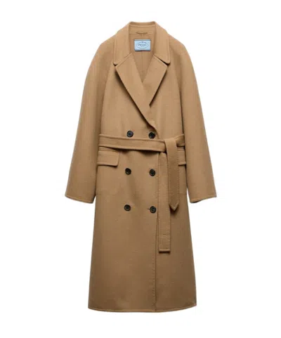 Prada Double-breasted Cashgora Coat In Brown