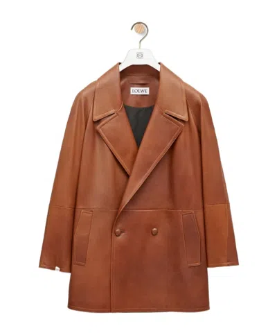 Loewe Double-breasted Long-sleeved Leather Jacket In Earth Brown