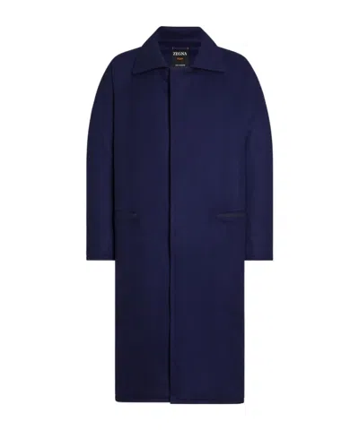 Zegna Wool Coat With Collared Design And Front Pockets In Dark Blue