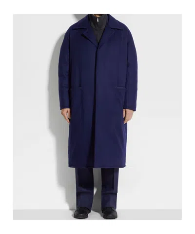 Zegna Wool Coat With Collared Design And Front Pockets In Dark Blue