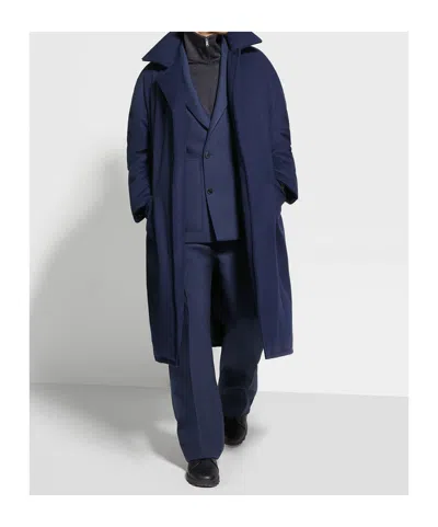 Zegna Wool Coat With Collared Design And Front Pockets In Dark Blue