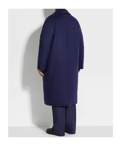 Zegna Wool Coat With Collared Design And Front Pockets In Dark Blue