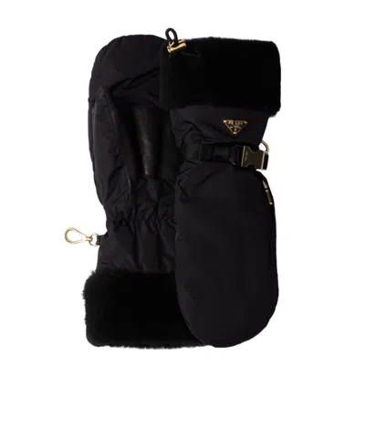 Prada Re-nylon And Shearling Mittens In Black