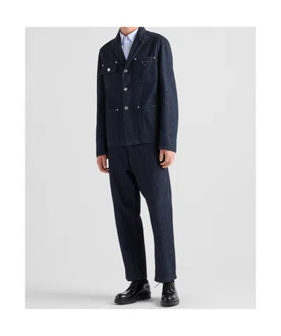 Prada Men's Chevron Denim Jeans In Navy