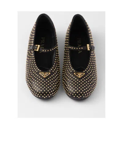 Prada Triangle-logo Stud-embellished Ballerina Shoes In Black