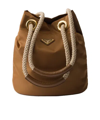 Prada Re-nylon Mariner Bucket Bag With Braided Handles In Brown