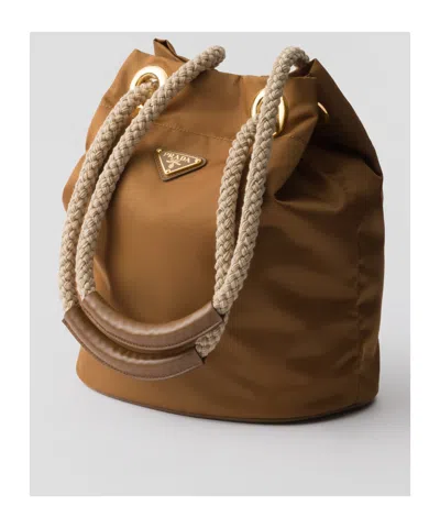 Prada Re-nylon Mariner Bucket Bag With Braided Handles In Brown