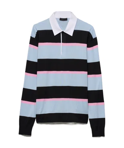 Prada Striped Polo In Silk And Cotton In Black