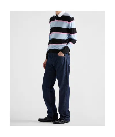 Prada Striped Polo In Silk And Cotton In Black