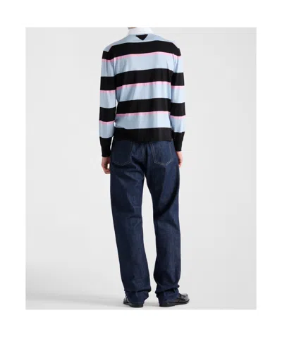 Prada Striped Polo In Silk And Cotton In Black