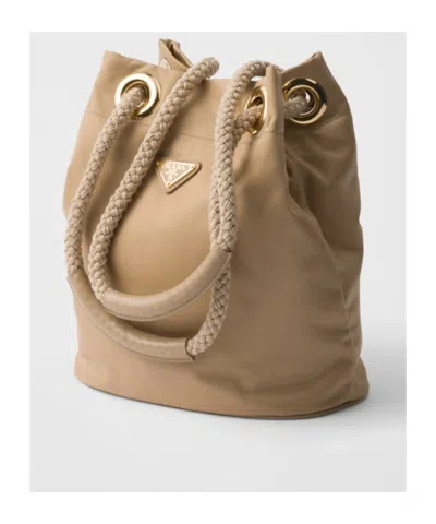 Prada Mariner Small Bucket Bag In Camel Renylon In Camel Brown
