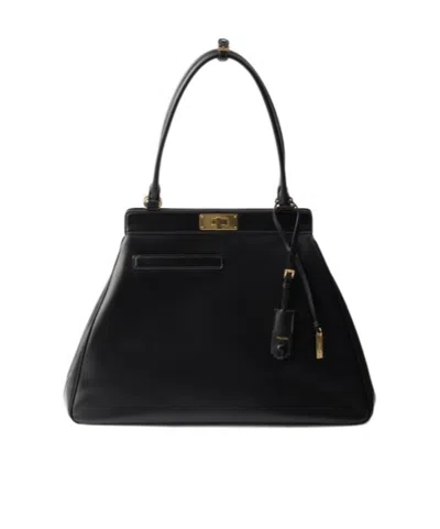 Prada Large Leather Tote Bag In Black