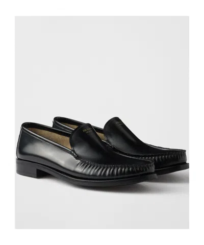 Prada Women Dark Brown Leather Loafers In Black