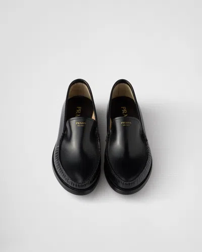 Prada Women Dark Brown Leather Loafers In Black