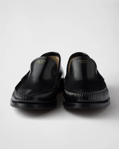 Prada Women Dark Brown Leather Loafers In Black