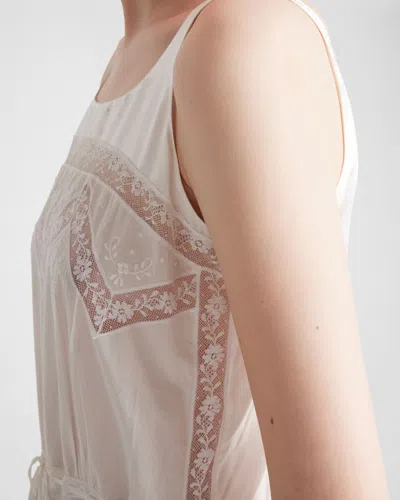 Prada Batiste Embroidered Midi Dress In White