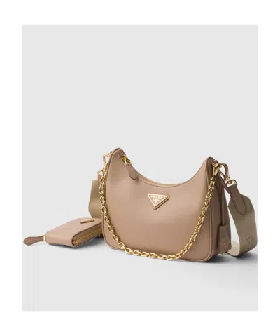 Prada Re-edition 2005 Saffiano Leather Shoulder Bag In Beige