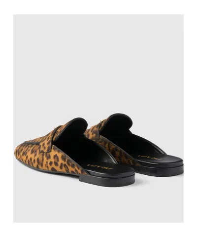 Prada Leather Leopard Logo Mules In Animal Print