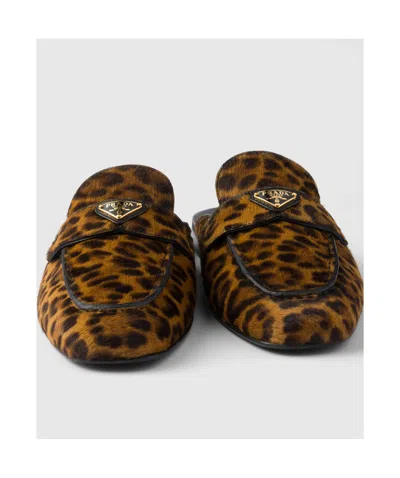 Prada Leather Leopard Logo Mules In Animal Print