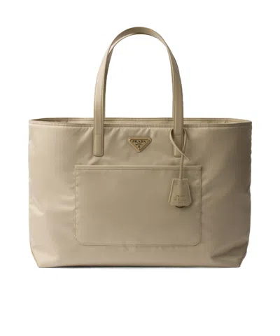 Prada Re-edition 1978 Large Re-nylon And Saffiano Leather Tote Bag In Desert Beige