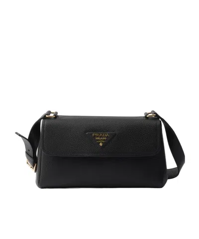 Prada Daino Flap Soft Leather Shoulder Bag In Black