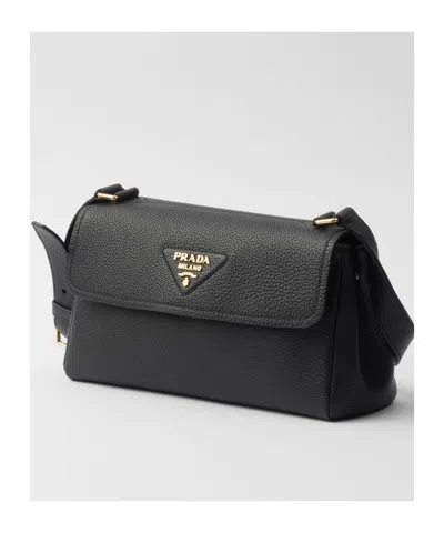 Prada Daino Flap Soft Leather Shoulder Bag In Black