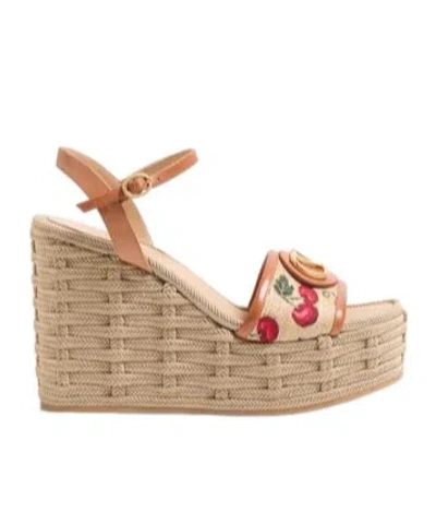 Valentino Vlogo Cherry Jacquard Raffia-wedge Espadrilles In Nude
