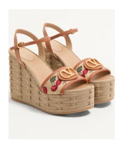 Valentino Vlogo Cherry Jacquard Raffia-wedge Espadrilles In Nude