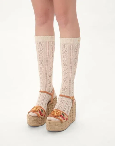 Valentino Vlogo Cherry Jacquard Raffia-wedge Espadrilles In Nude