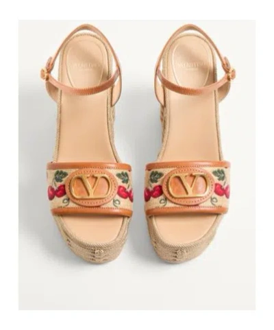 Valentino Vlogo Cherry Jacquard Raffia-wedge Espadrilles In Nude