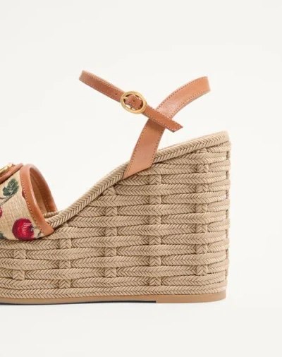 Valentino Vlogo Cherry Jacquard Raffia-wedge Espadrilles In Nude