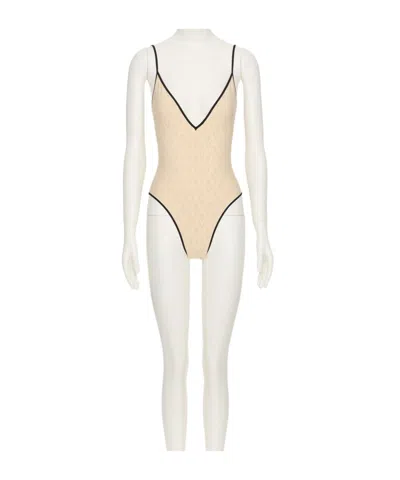 Valentino Jacquard Logo Swimsuit In Birch/ivory