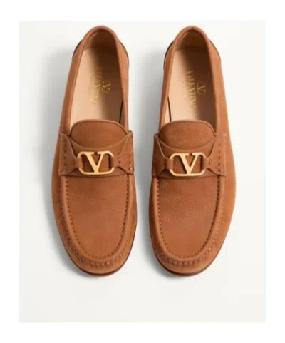 Valentino Garavani V-logo Embellished Full-grain Nubuck Loafers In Brown