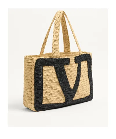 Valentino Borsa Shopping Viva Superstar Grande In Rafia Donna In Naturale/nero
