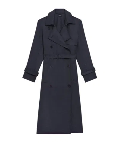 Theory Double-breasted Wool-blend Trench Coat In Black