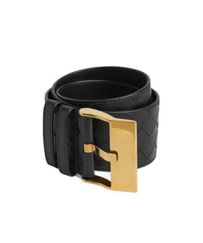 Bottega Veneta Cintura Intrecciato Leather Belt In 1019 Black-m Brass
