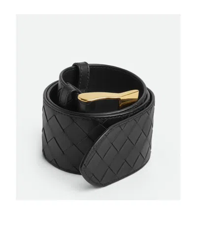 Bottega Veneta Cintura Intrecciato Leather Belt In 1019 Black-m Brass