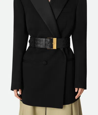 Bottega Veneta Cintura Intrecciato Leather Belt In 1019 Black-m Brass
