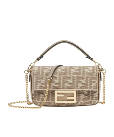 Fendi Baguette Mini Dove Grey Denim-effect Ff Jacquard Bag In Dove-grey