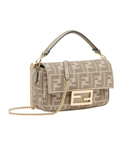 Fendi Baguette Mini Dove Grey Denim-effect Ff Jacquard Bag In Dove-grey