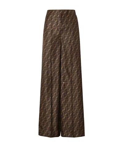 Fendi Ff Silk Twill Wide Leg Trousers In Brown