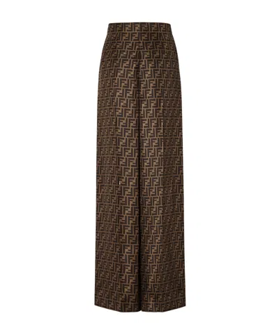 Fendi Ff Silk Twill Wide Leg Trousers In Brown