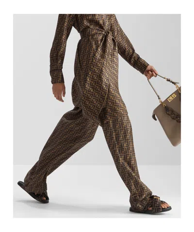 Fendi Ff Silk Twill Wide Leg Trousers In Brown