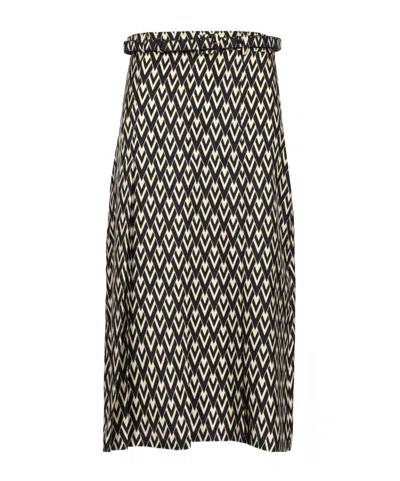 Valentino Belted Pleated Printed Silk-twill Midi Skirt In Black