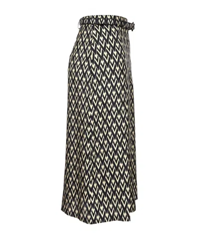 Valentino Belted Pleated Printed Silk-twill Midi Skirt In Black