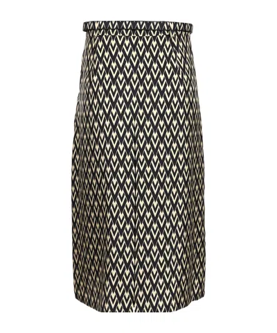 Valentino Belted Pleated Printed Silk-twill Midi Skirt In Black