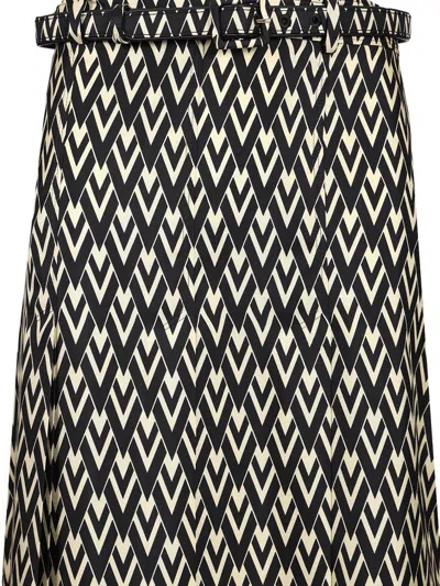 Valentino Belted Pleated Printed Silk-twill Midi Skirt In Black