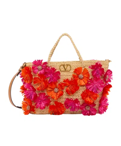 Valentino Embellished Raffia Vlogo Signature Shopping Bag In Natural/rose/natural Camel
